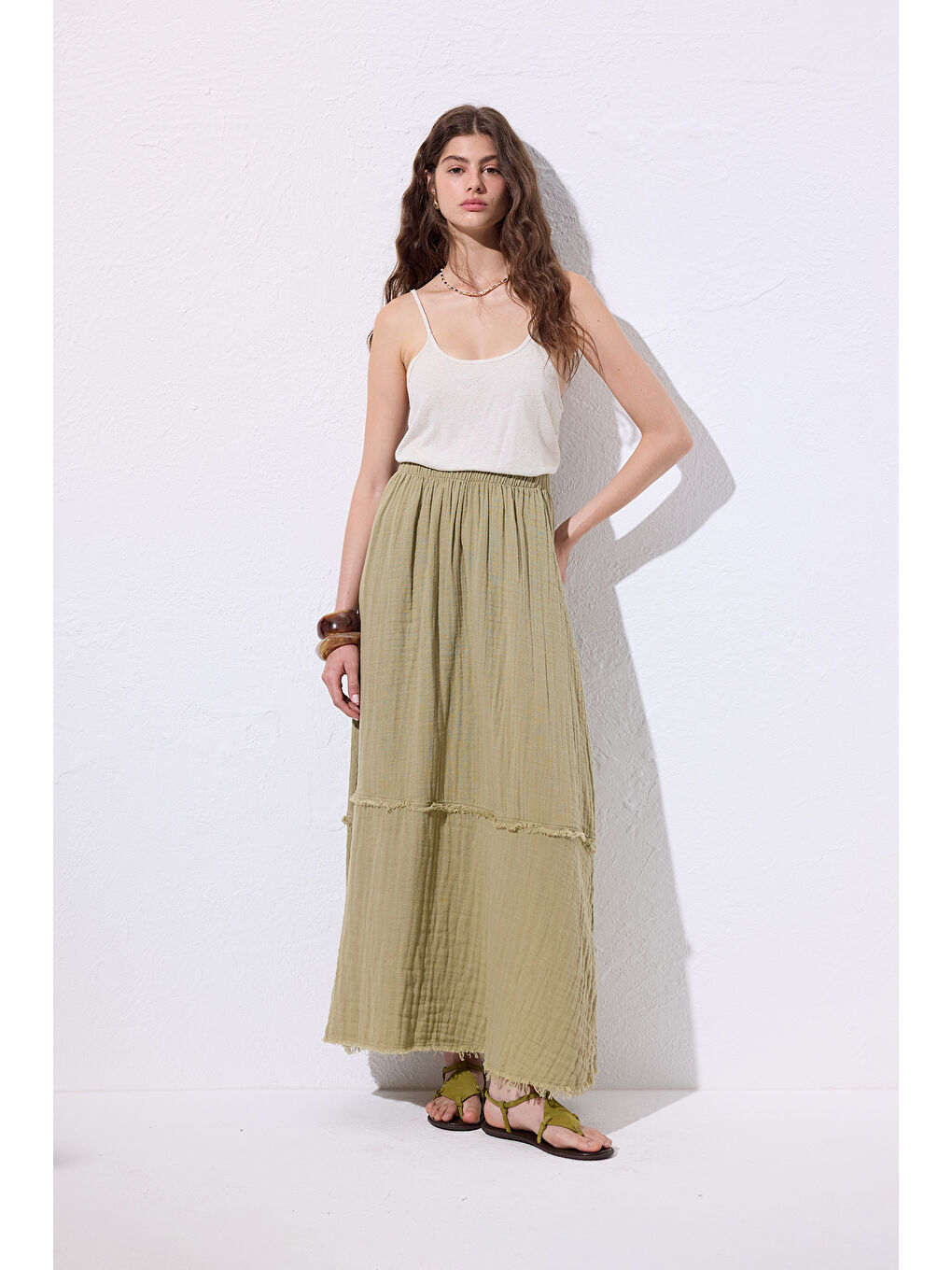 Yeşil Müslin Katlı Geniş Etek Adaçayı-5