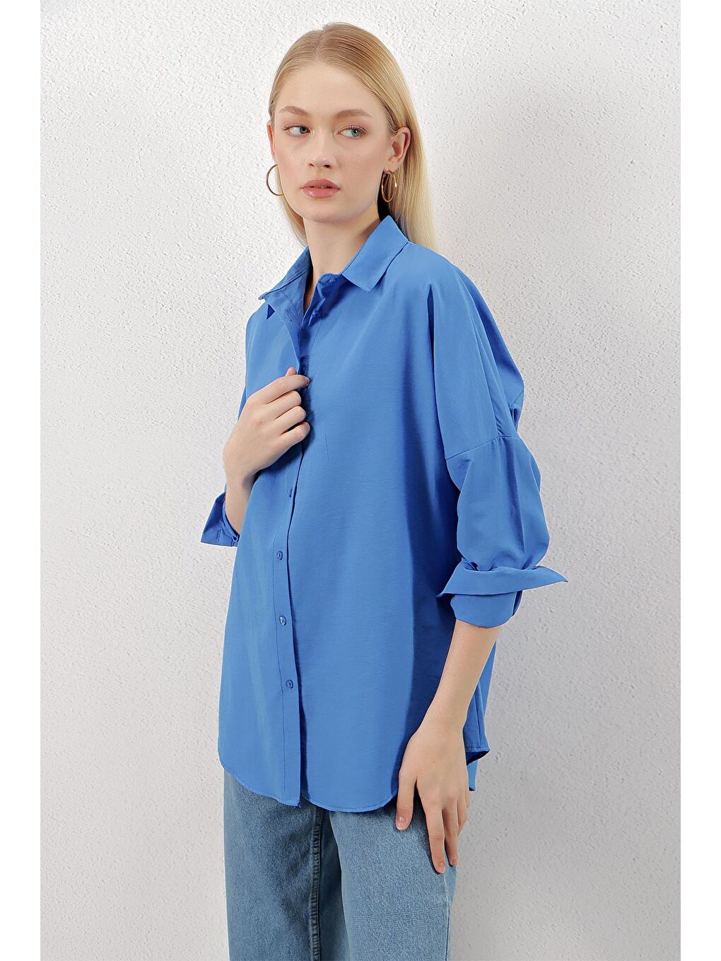 Saks Mavisi Sade Düz Araboy Basic Oversize Gömlek-3