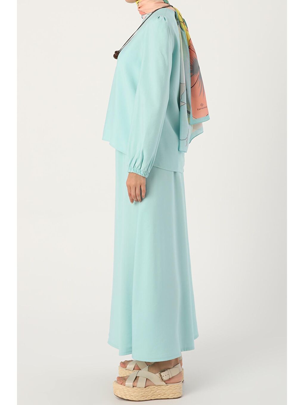 Yeşil Mint Kolyeli Büzgülü Kollu Rahat Kalıp Etekli Takım-2