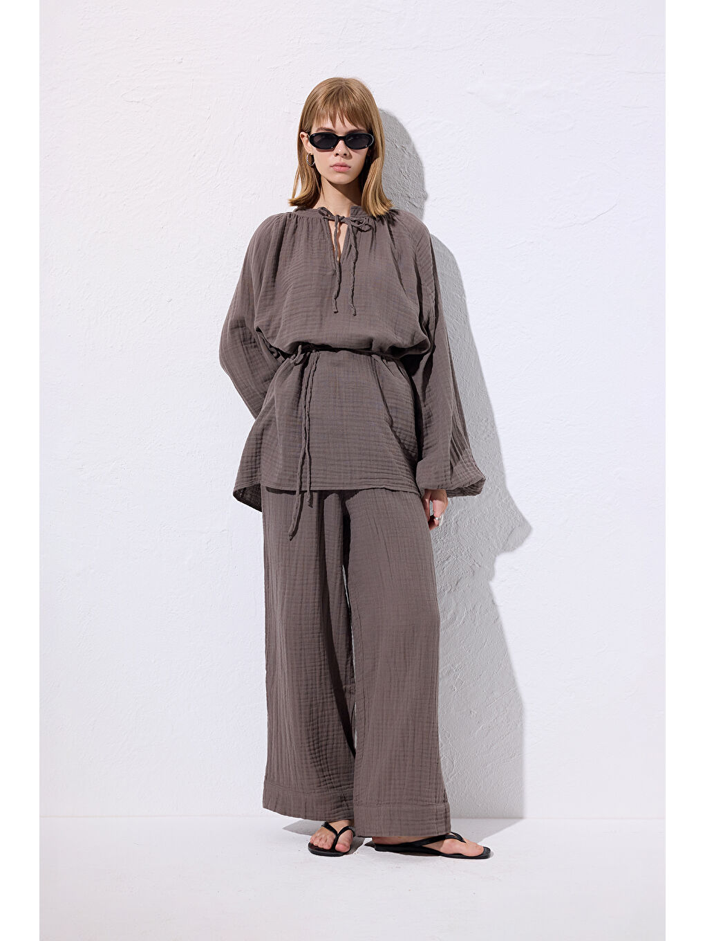 Müslin Bağlamalı Bluz Gri-1