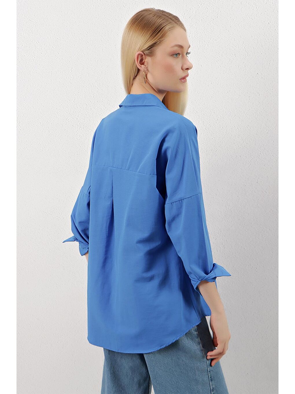 Saks Mavisi Sade Düz Araboy Basic Oversize Gömlek-4