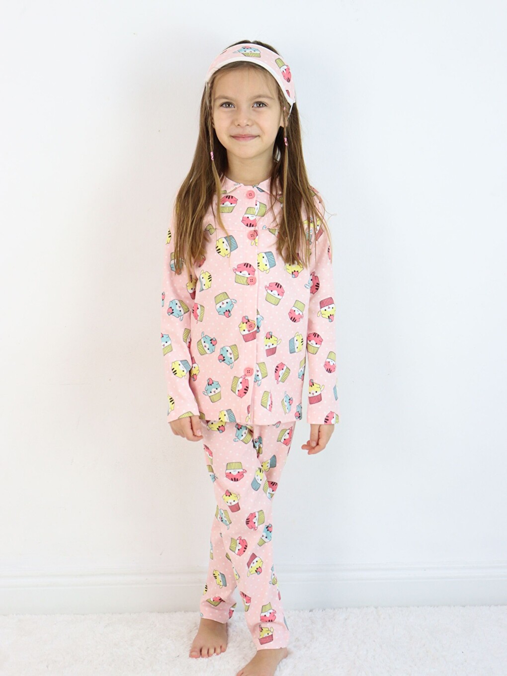 Pembe Bebe Yaka Düğmeli Kız Çocuk Göz Bantlı Pijama Takımı-5