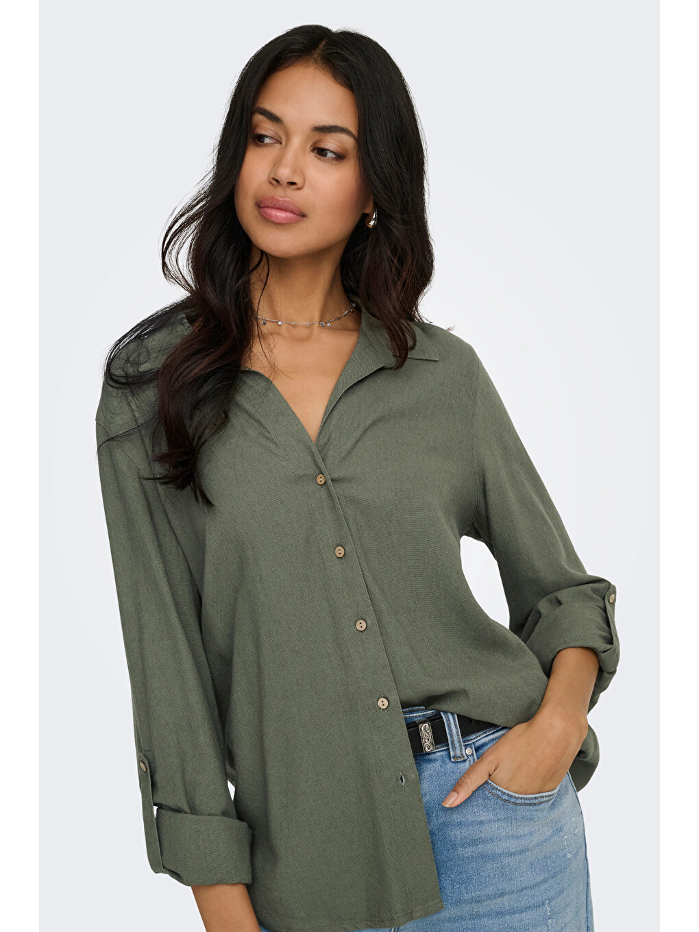 Haki Onlgoa Keten Karışımlı Relaxed Fit Klasik Yaka Gömlek 15363991-1