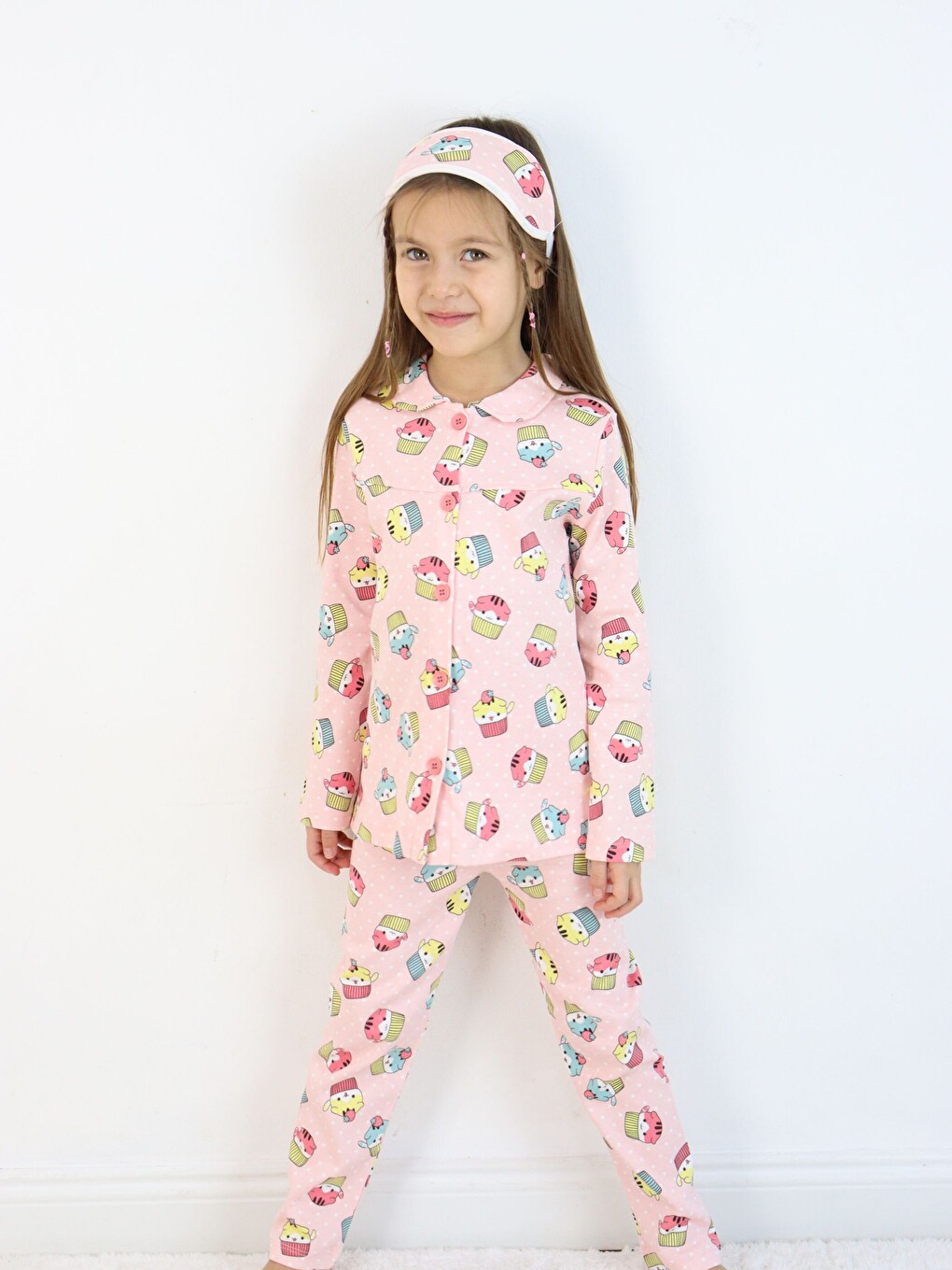 Pembe Bebe Yaka Düğmeli Kız Çocuk Göz Bantlı Pijama Takımı-6
