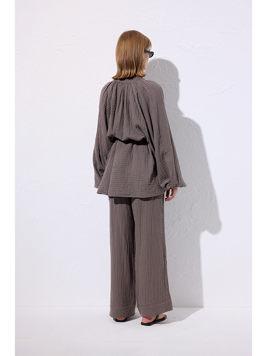 Müslin Bağlamalı Bluz Gri-3