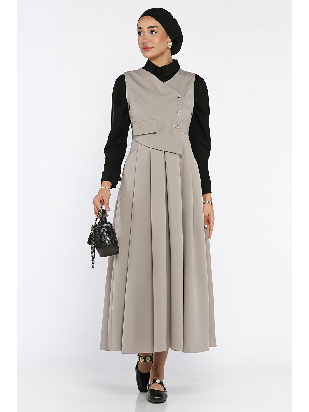 Bej Kadın Düğme Detaylı Pileli Tesettür Jile Elbise-3