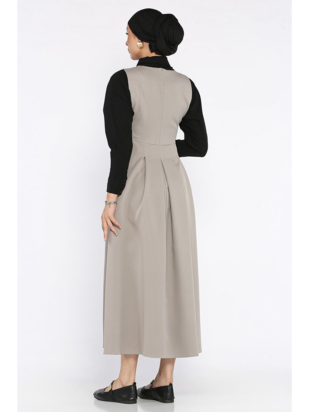 Bej Kadın Düğme Detaylı Pileli Tesettür Jile Elbise-5