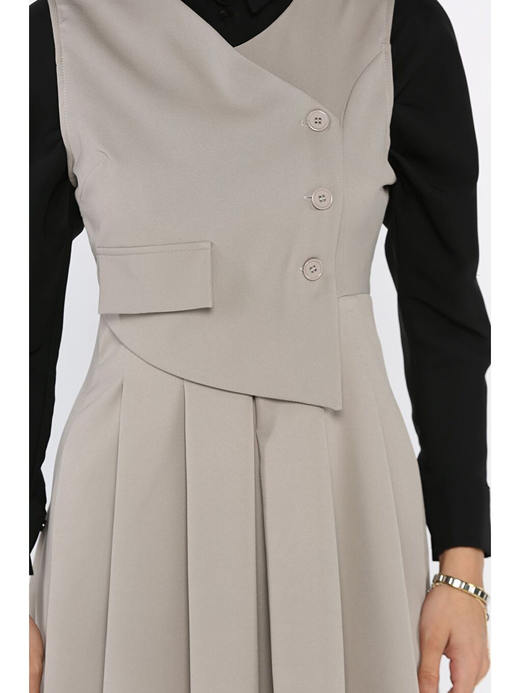 Bej Kadın Düğme Detaylı Pileli Tesettür Jile Elbise-7