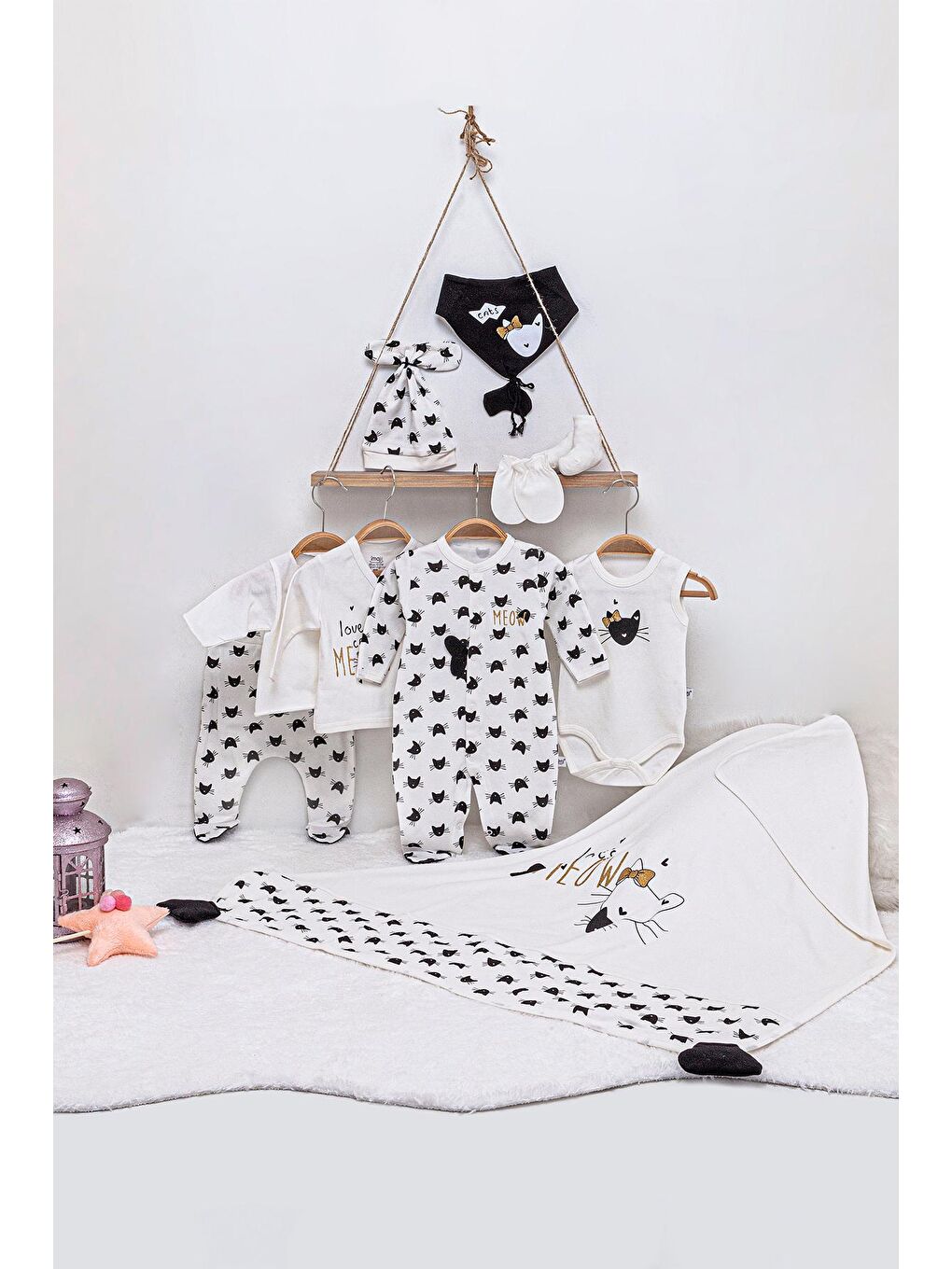 Gri Meow Kedi Baskılı 10'lu Bebek Hastane Çıkışı Seti 16570