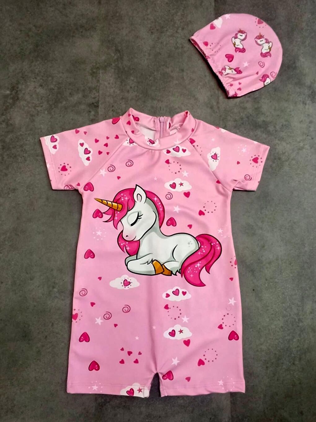 Pembe Kız Çocuk Fermuarlı Mayo Takımı 2-8 Yaş 026-1