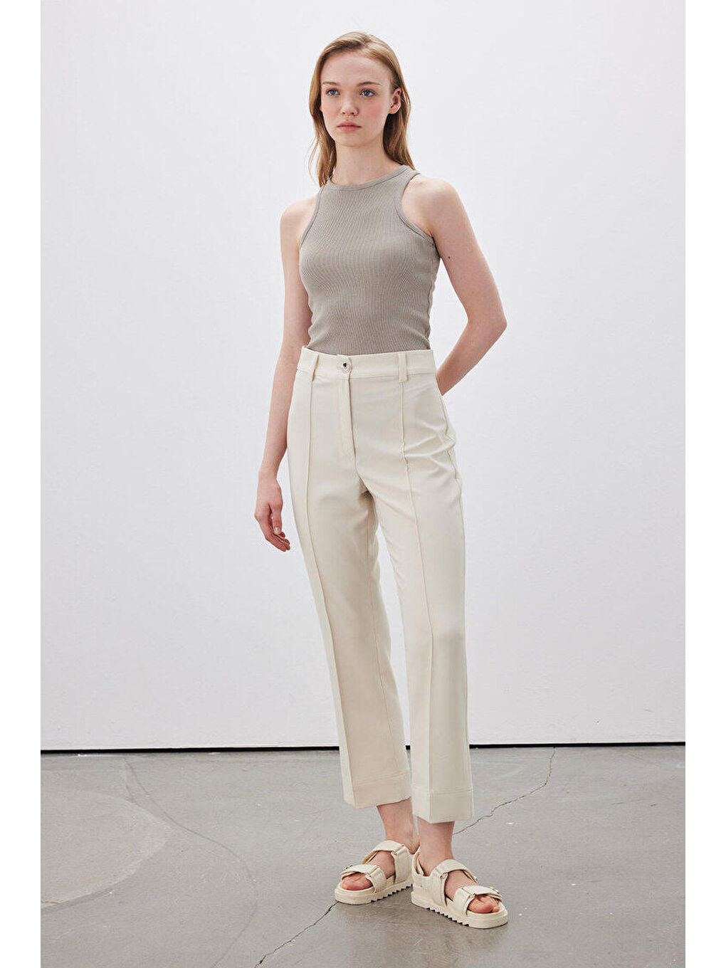 Düz Kesim Kumaş Pantolon Bej-2