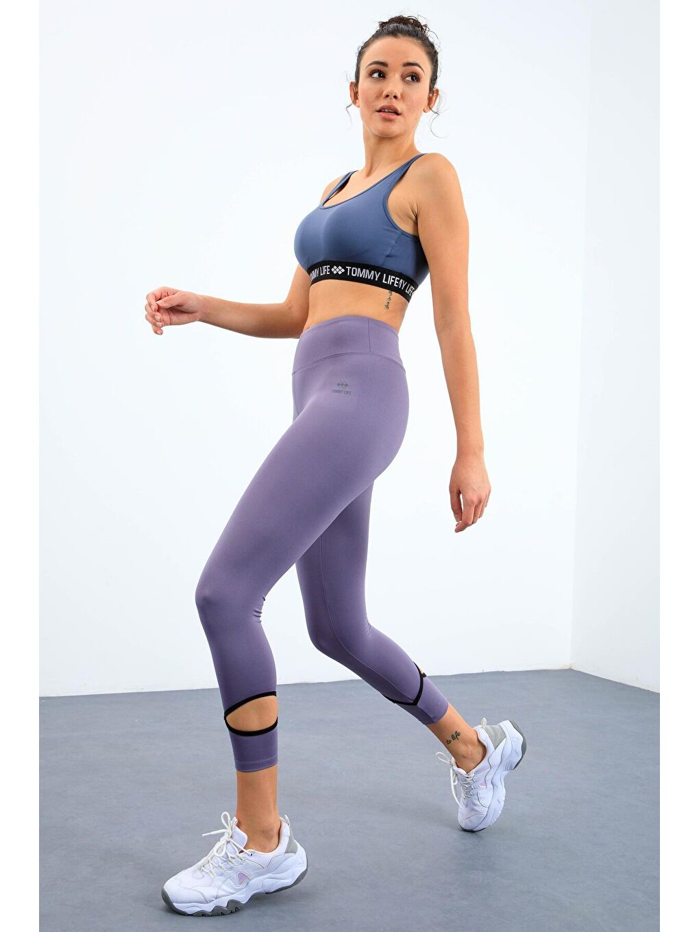 Mor Eflatun Bilekleri Pencereli Yüksel Bel Slim Fit Dar Paça Kadın Tayt - 94610