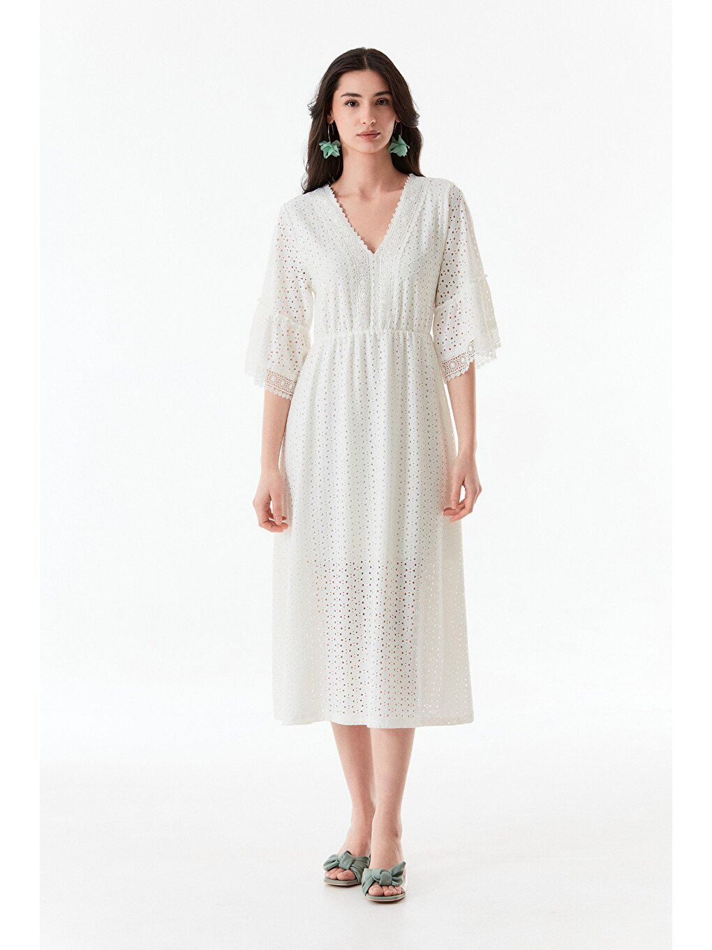 Ekru Fisto Kumaş V Yaka Elbise-1