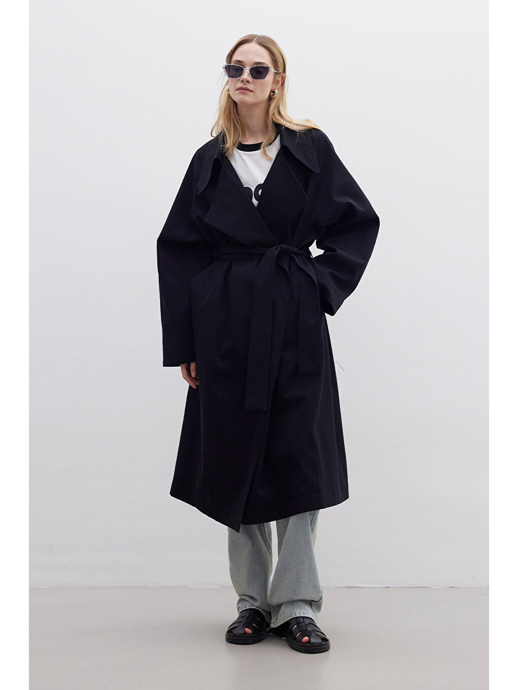 Oversize Geniş Yaka Trençkot Siyah-2