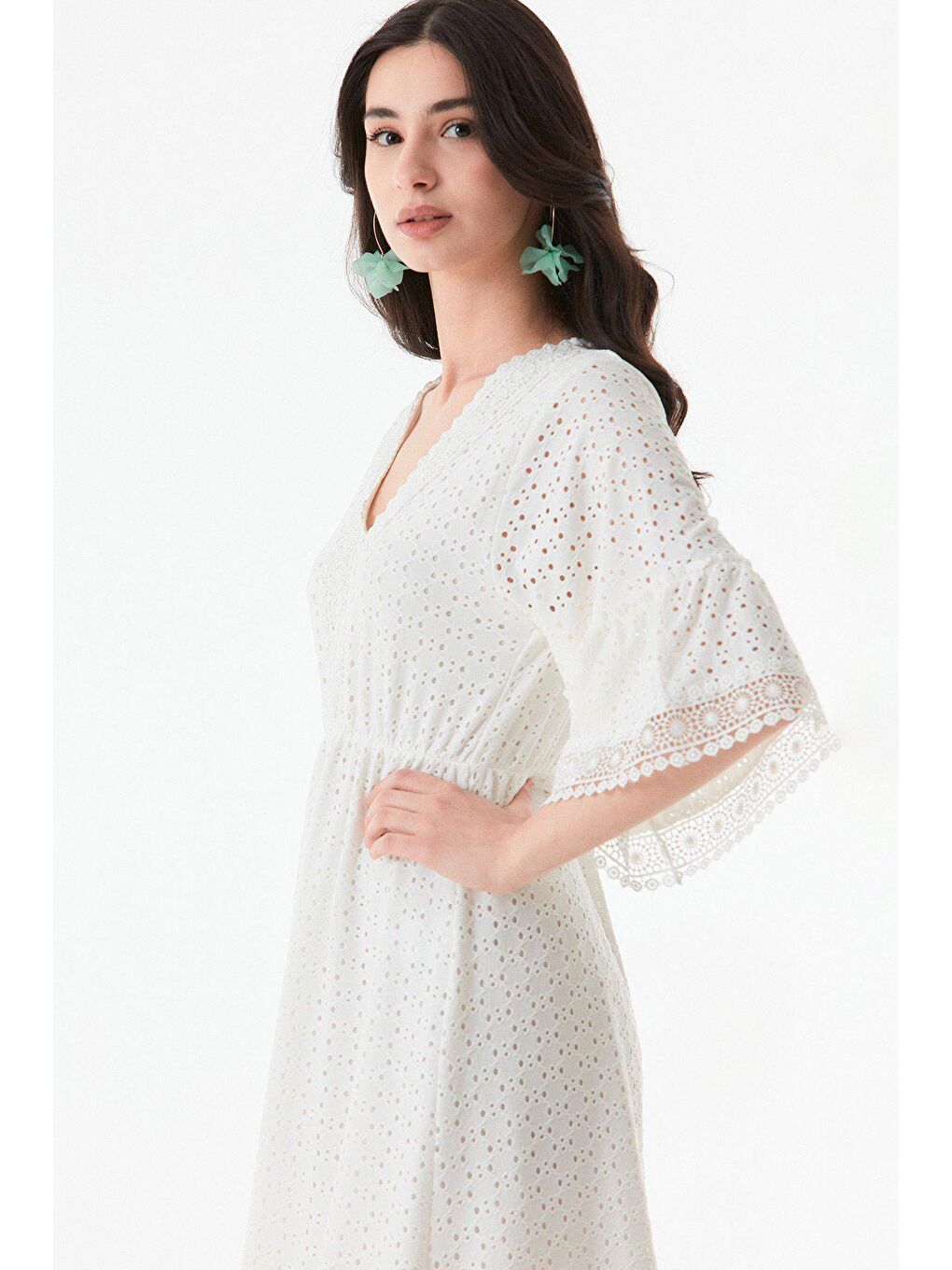 Ekru Fisto Kumaş V Yaka Elbise-2