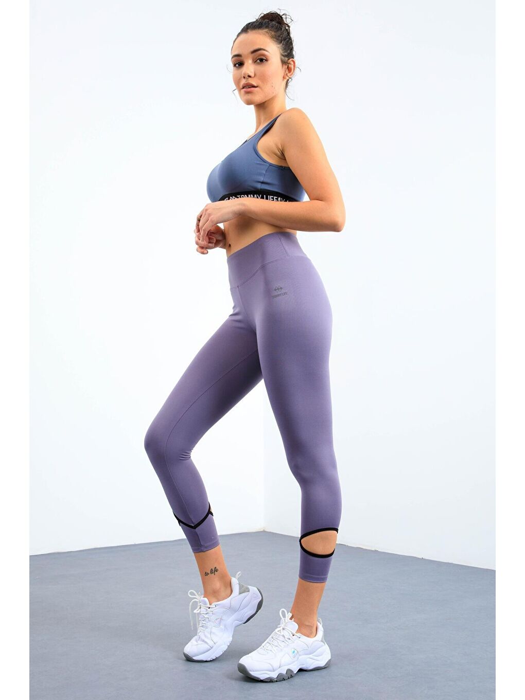 Mor Eflatun Bilekleri Pencereli Yüksel Bel Slim Fit Dar Paça Kadın Tayt - 94610-3