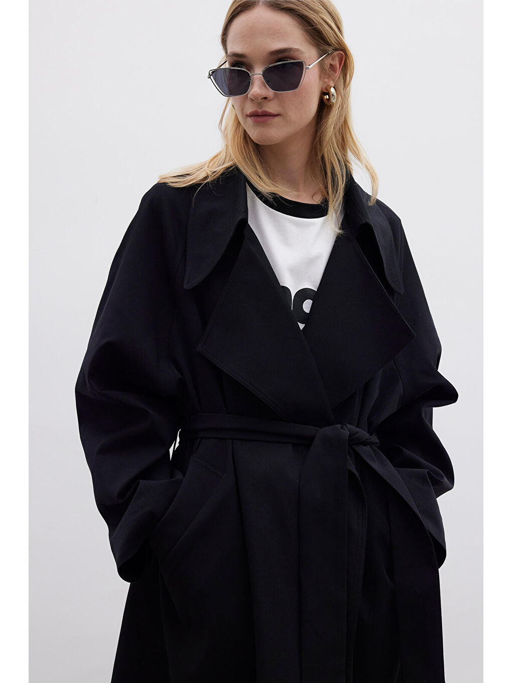 Oversize Geniş Yaka Trençkot Siyah-5