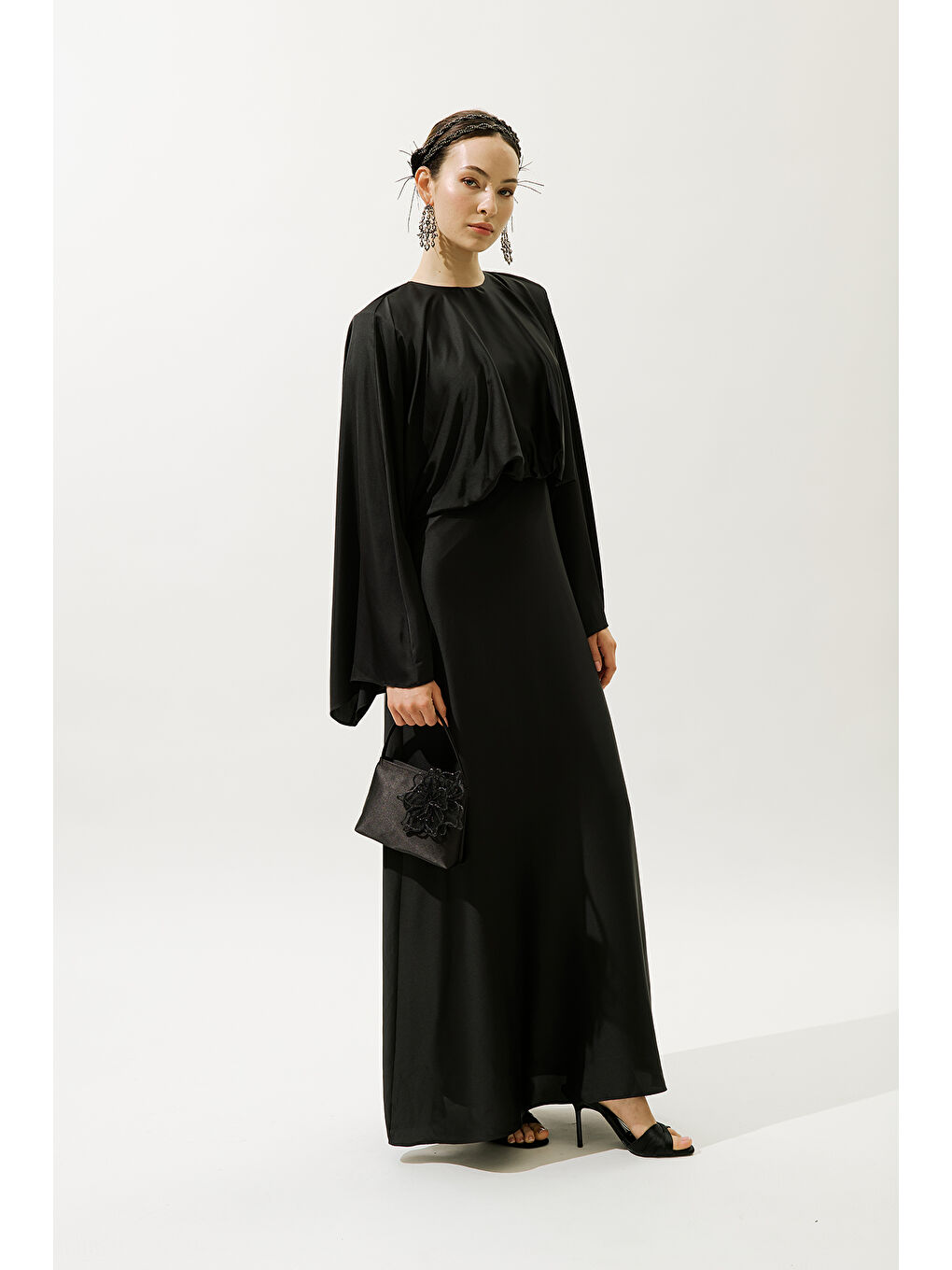 Adele Saten Abiye Elbise Siyah-3