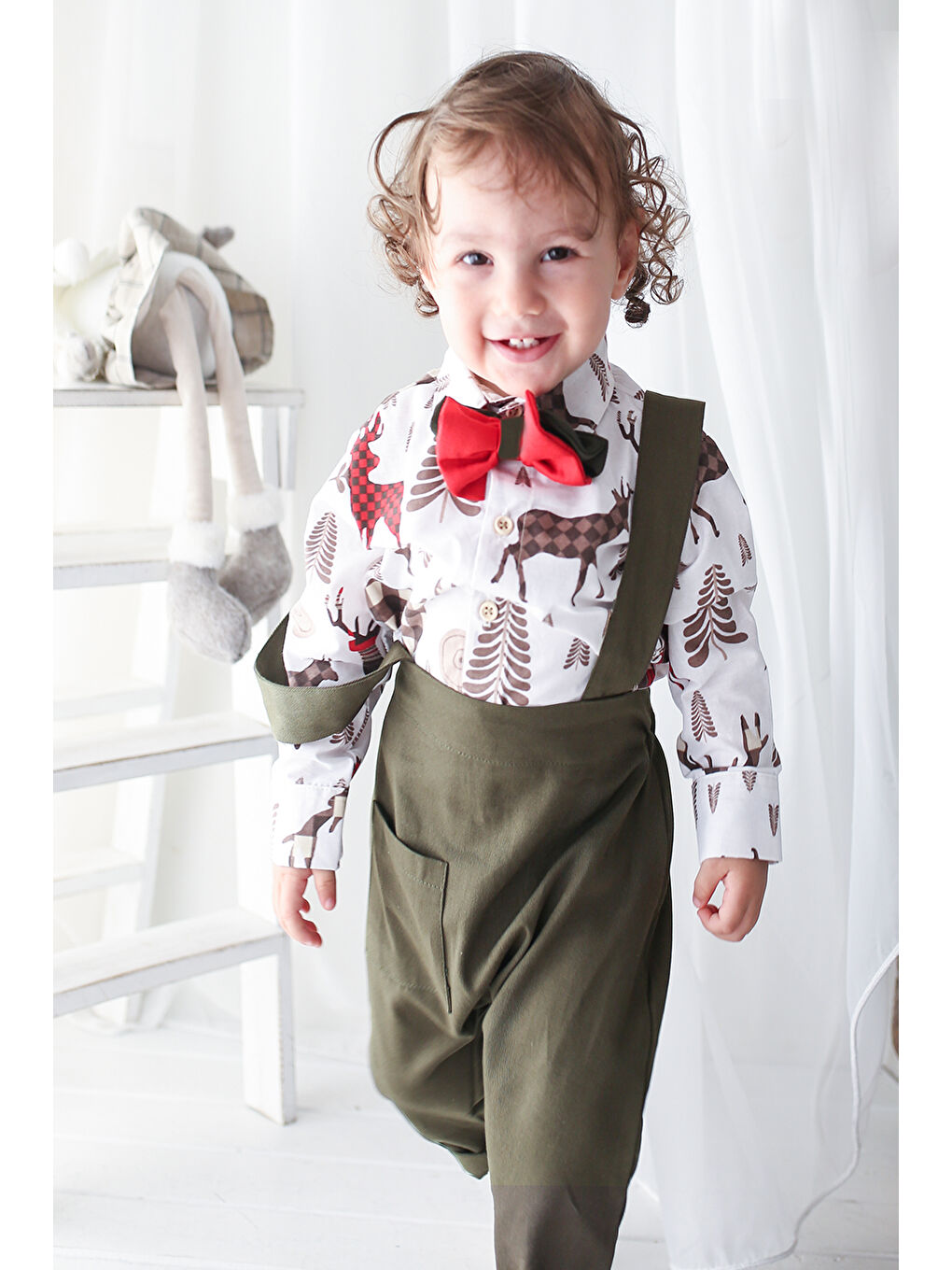 Yeni Yıl Kırmızı Haki Harem Salopet + Geyik Desen Gömlek + Papyon-2