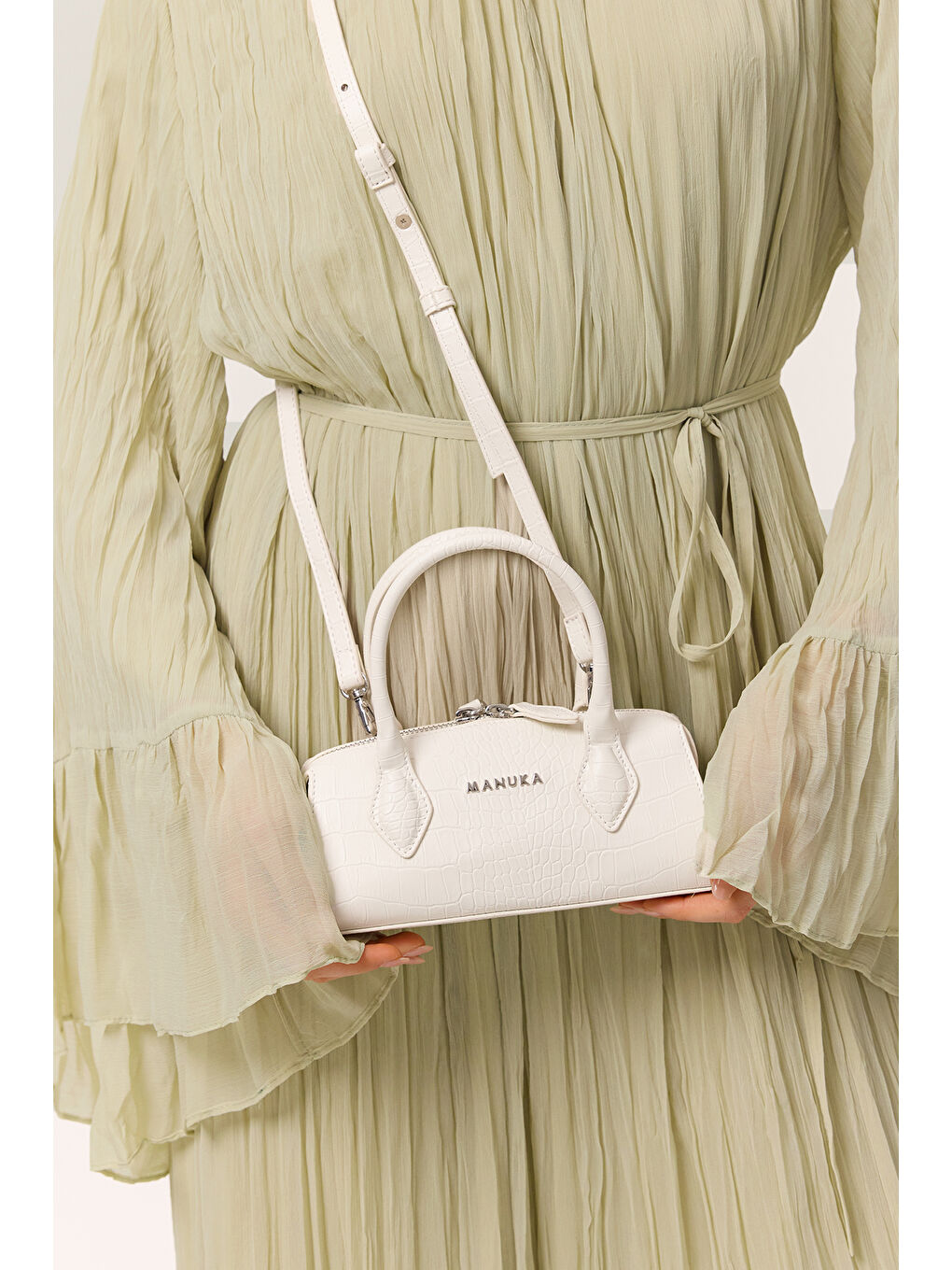 Dokulu Deri Mini Çanta Ekru-1