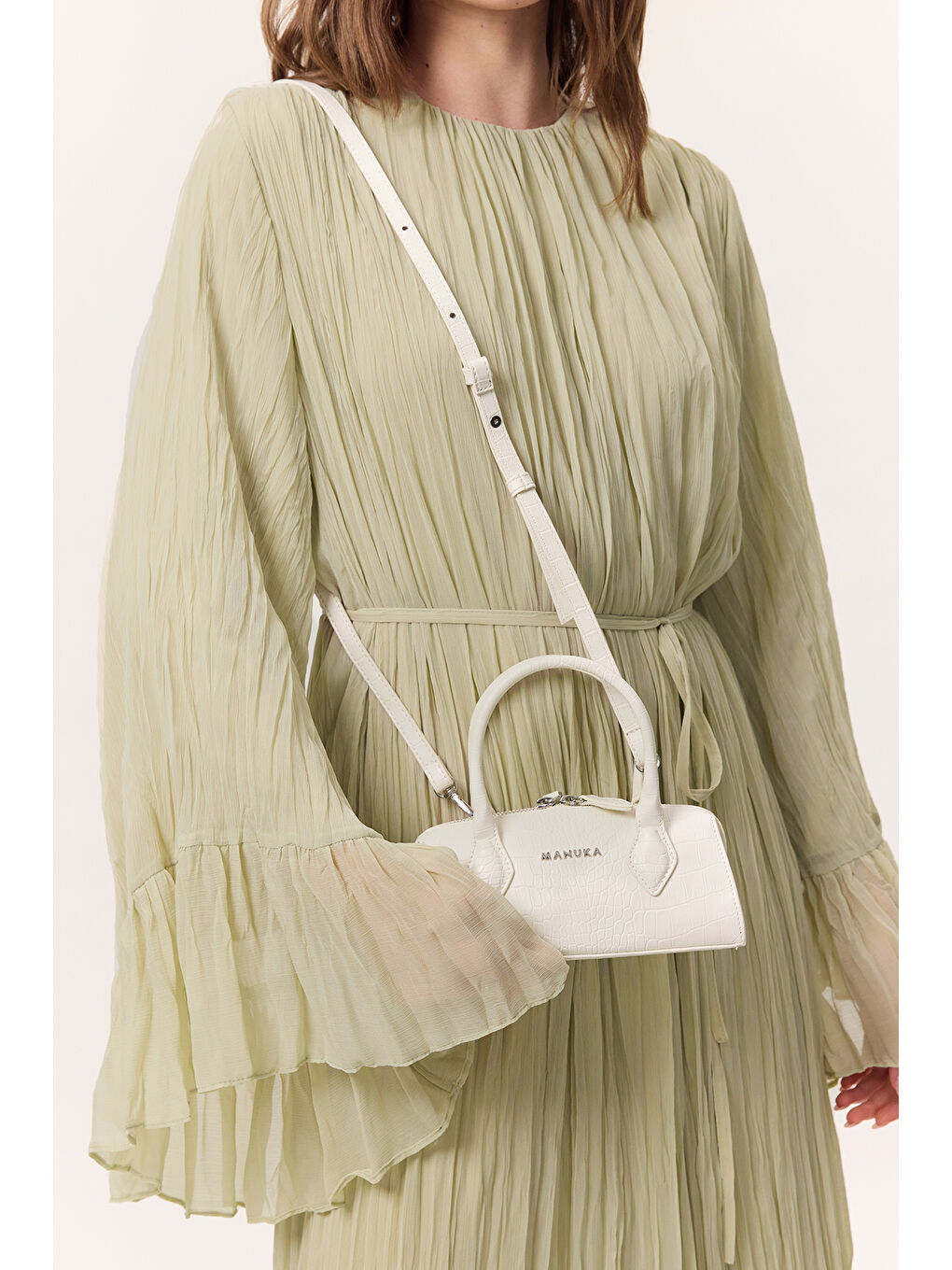 Dokulu Deri Mini Çanta Ekru-2