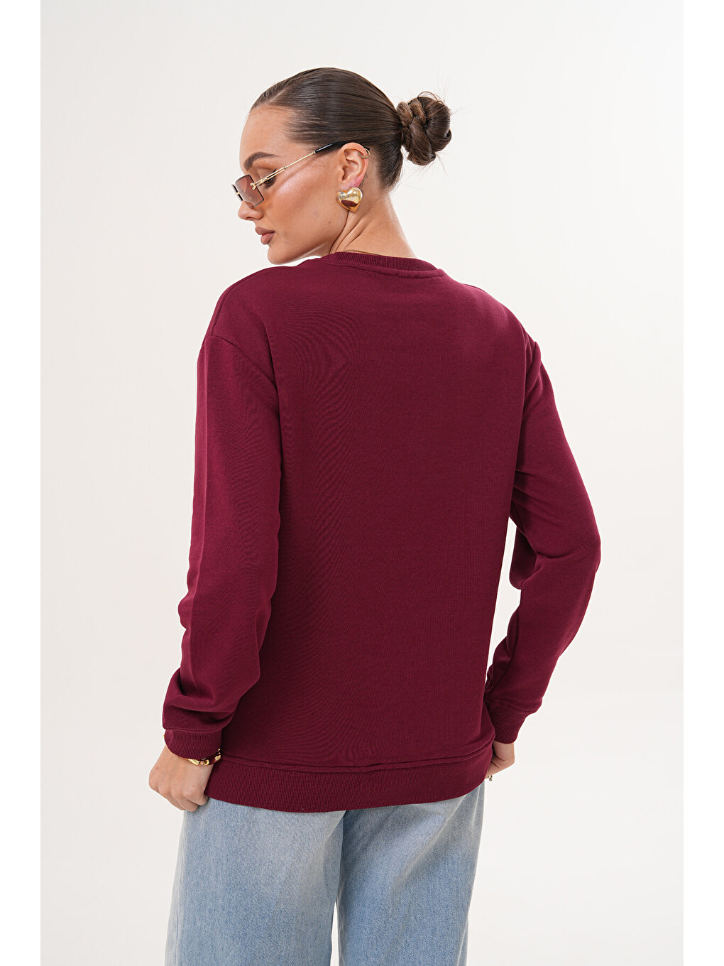 Bordo Unisex Bisiklet Yaka %100 Pamuk Basic Sweatshirt-6
