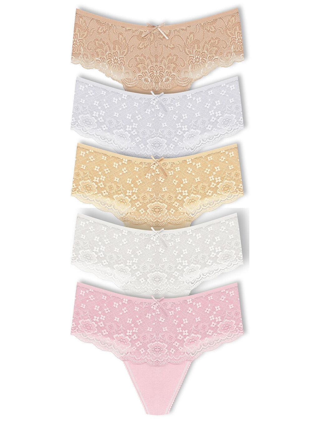 Beyaz Pamuklu Önü Dantel Yüksek Bel Tanga Kadın Külot 5'li