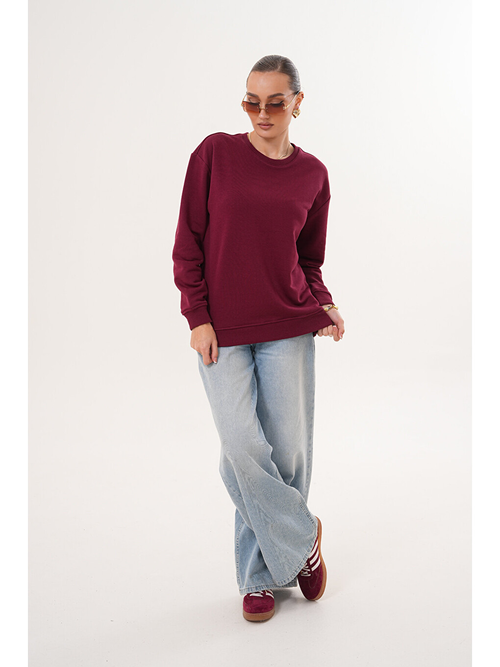 Bordo Unisex Bisiklet Yaka %100 Pamuk Basic Sweatshirt-8