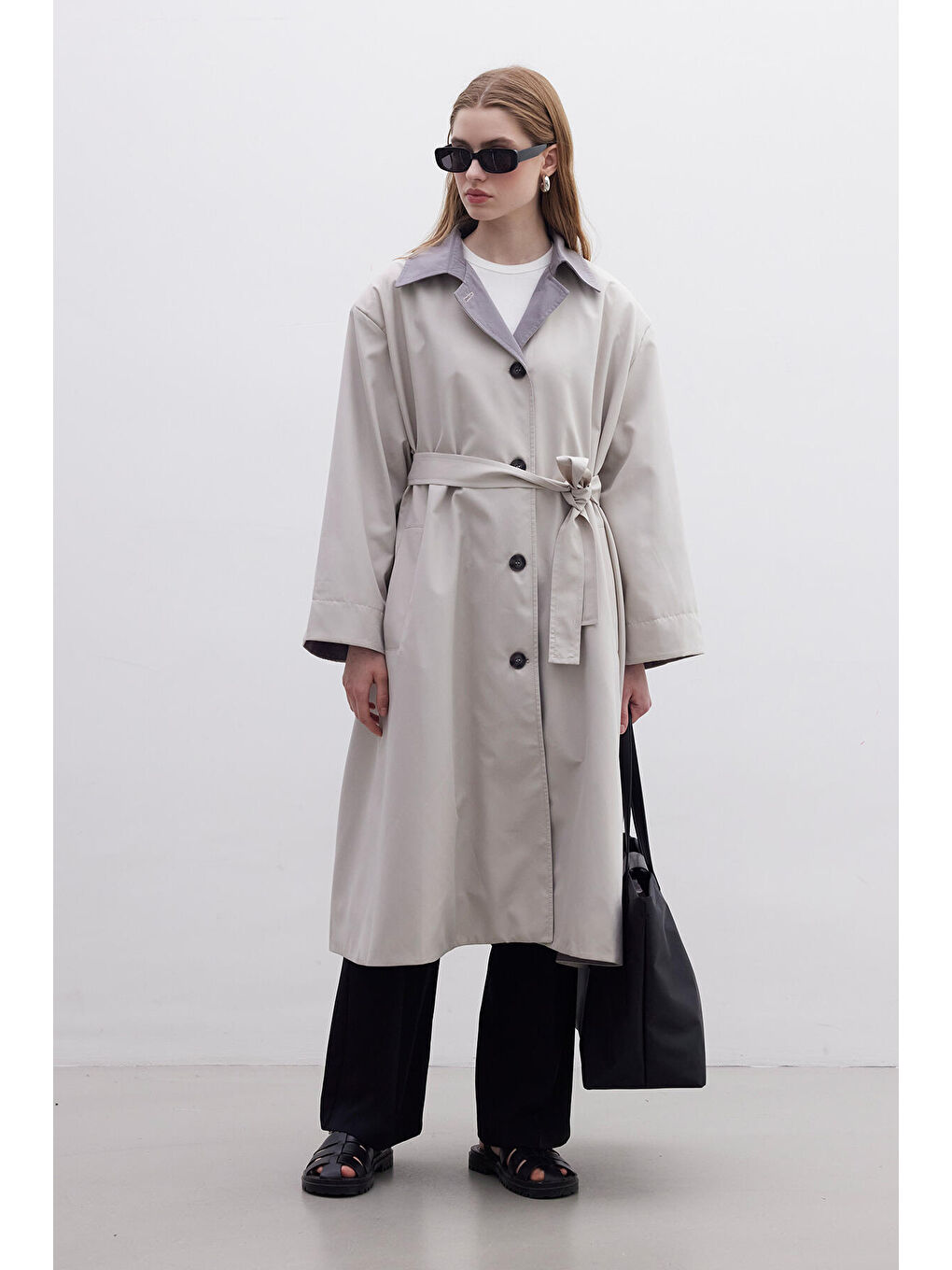 Mılano Oversize Trençkot Açık Gri-5