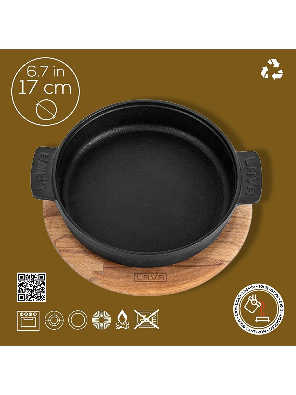 Siyah Yuvarlak Güveç Kabı Döküm Demir Yekpare Çift Kulplu Kayın Servis Ahşabı Çap(Ø)17cm.-1