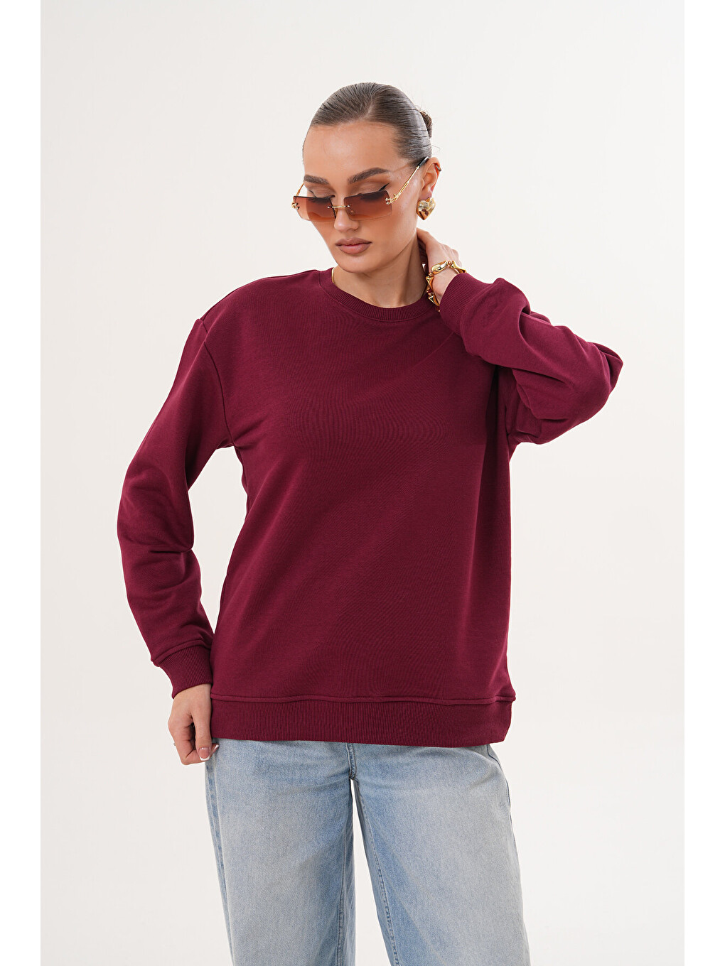 Bordo Unisex Bisiklet Yaka %100 Pamuk Basic Sweatshirt-10