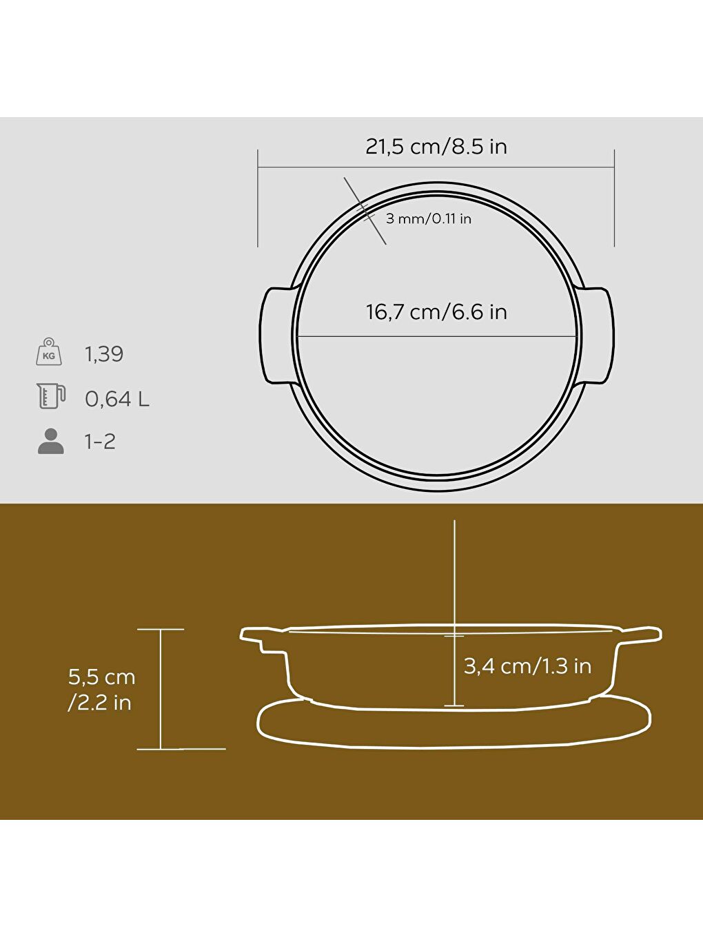 Siyah Yuvarlak Güveç Kabı Döküm Demir Yekpare Çift Kulplu Kayın Servis Ahşabı Çap(Ø)17cm.-2