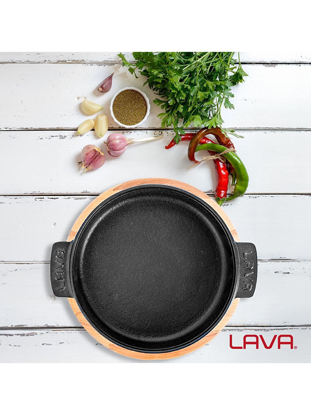 Siyah Yuvarlak Güveç Kabı Döküm Demir Yekpare Çift Kulplu Kayın Servis Ahşabı Çap(Ø)17cm.-3