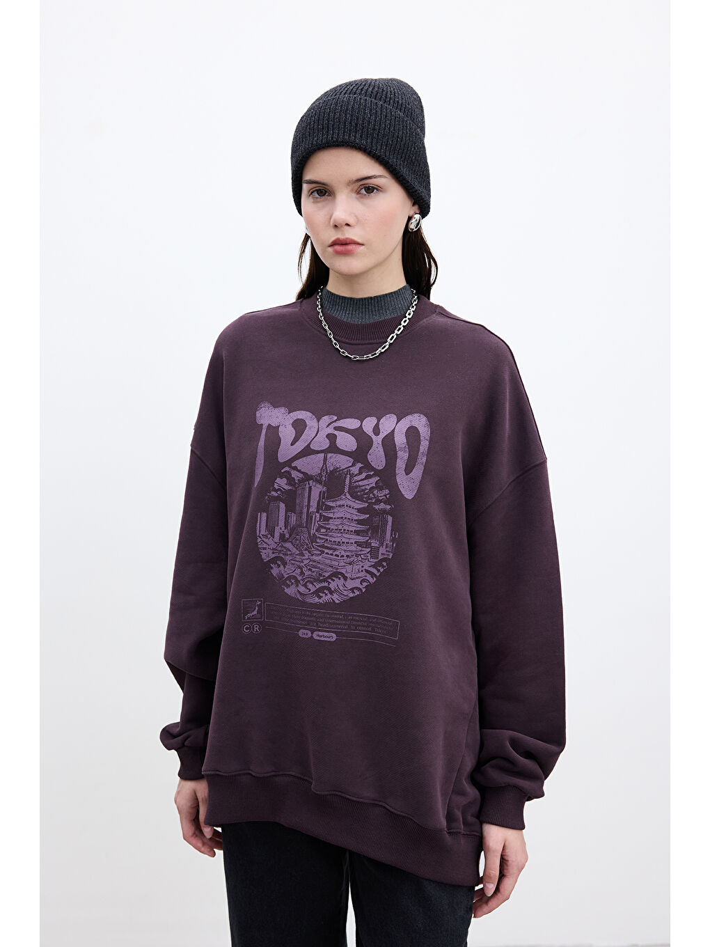 Baskı Detaylı Oversize Sweatshırt Bordo-2