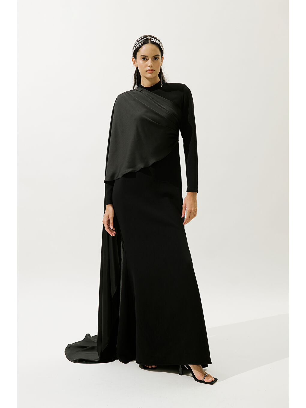 Lana Pelerinli Abiye Elbise Siyah-1