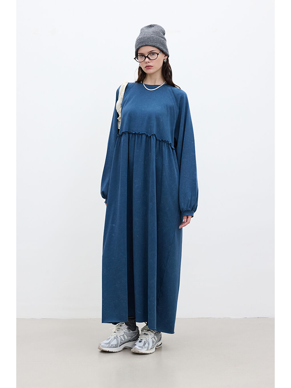 Oversize Büzgülü Elbise İndigo