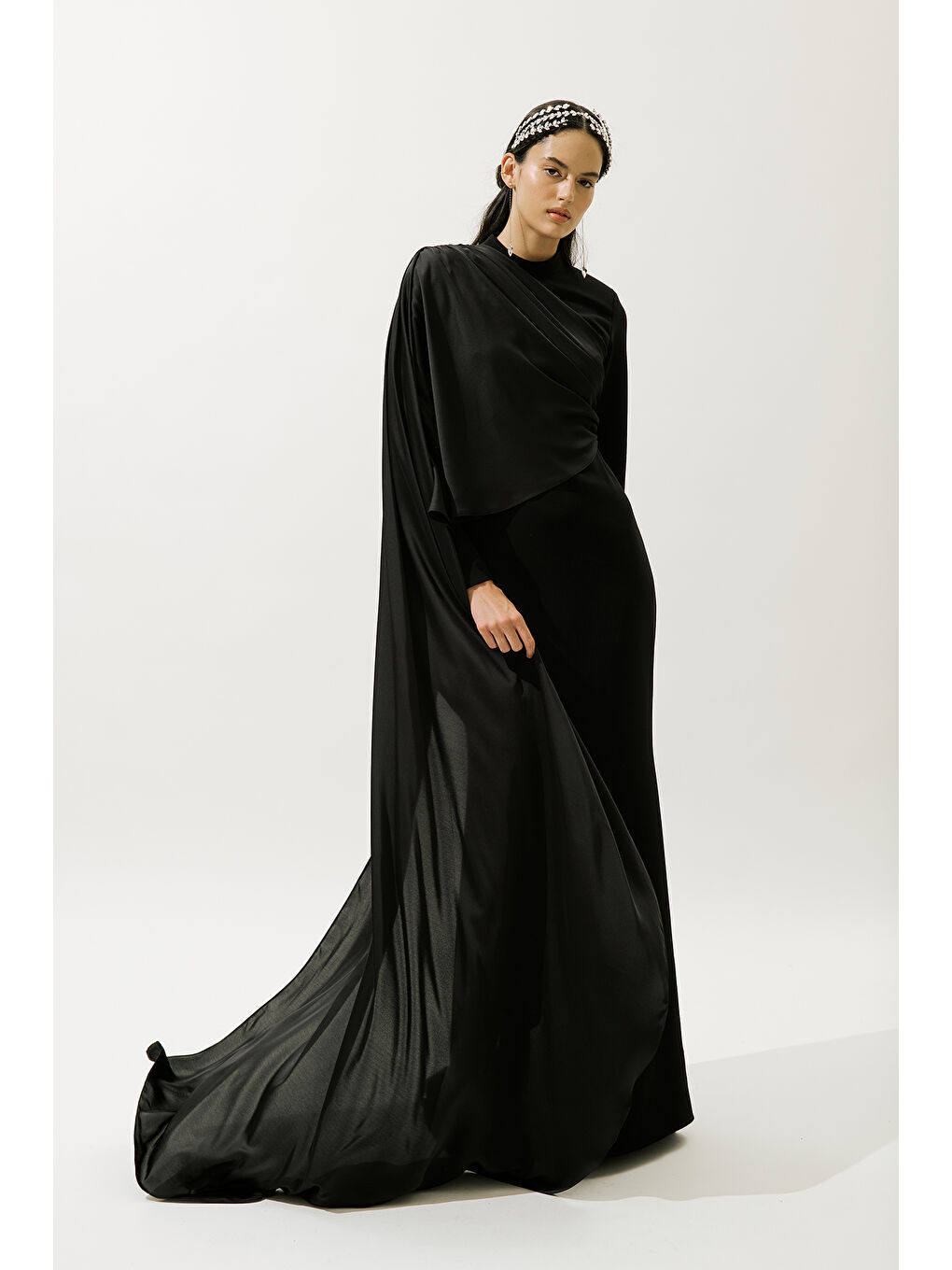 Lana Pelerinli Abiye Elbise Siyah-3