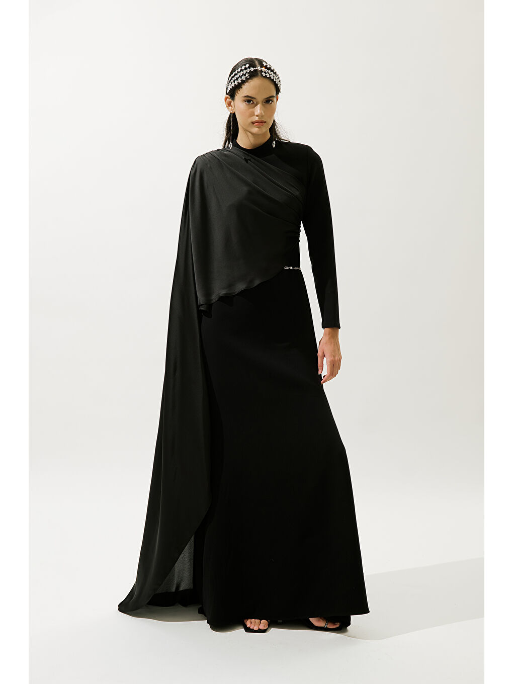 Lana Pelerinli Abiye Elbise Siyah-4