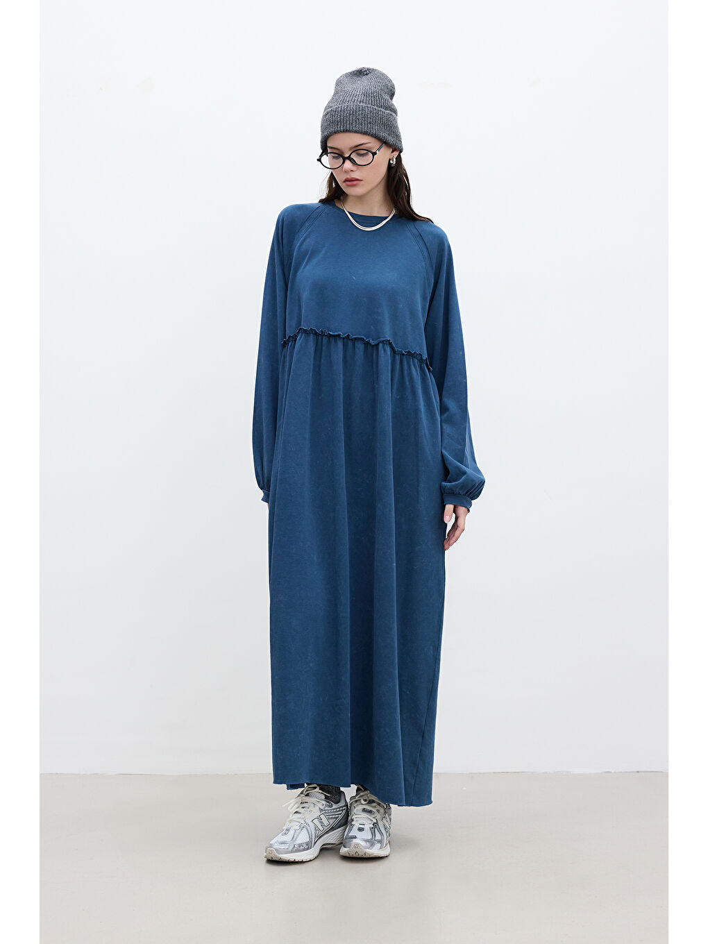 Oversize Büzgülü Elbise İndigo-1