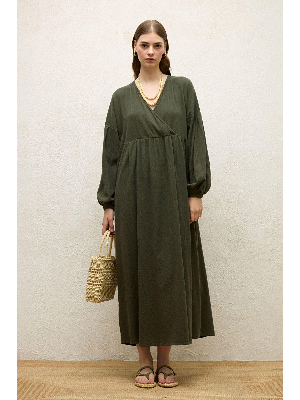 Yeşil Pamuklu Kruvaze Elbise Zümrüt-1