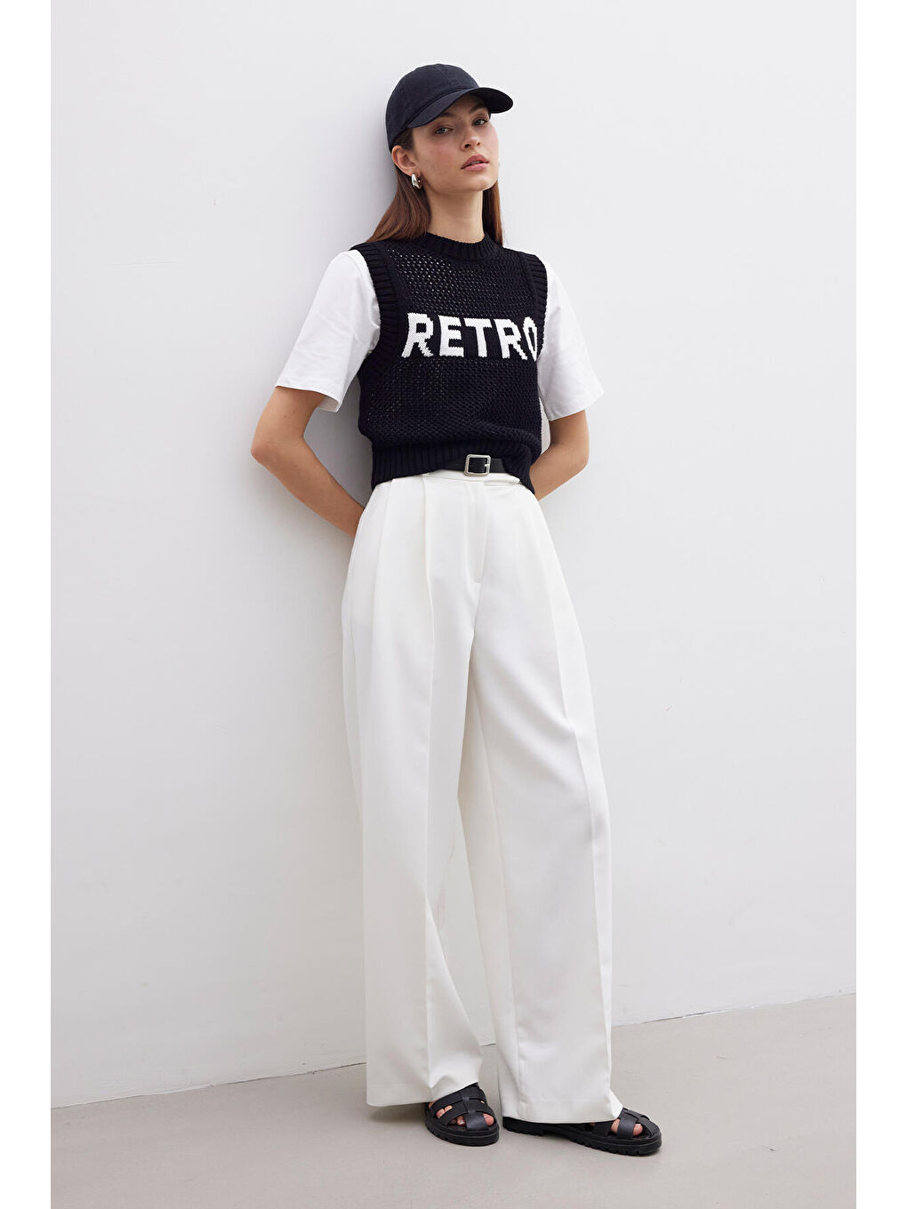 Pile Detaylı Palazzo Pantolon Beyaz-2