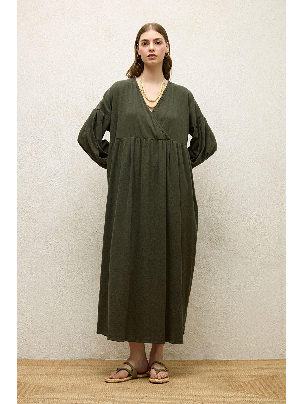 Yeşil Pamuklu Kruvaze Elbise Zümrüt-2