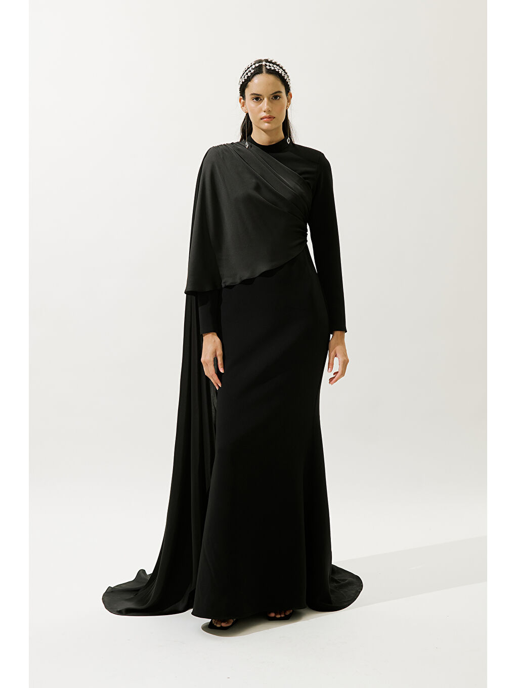 Lana Pelerinli Abiye Elbise Siyah-6