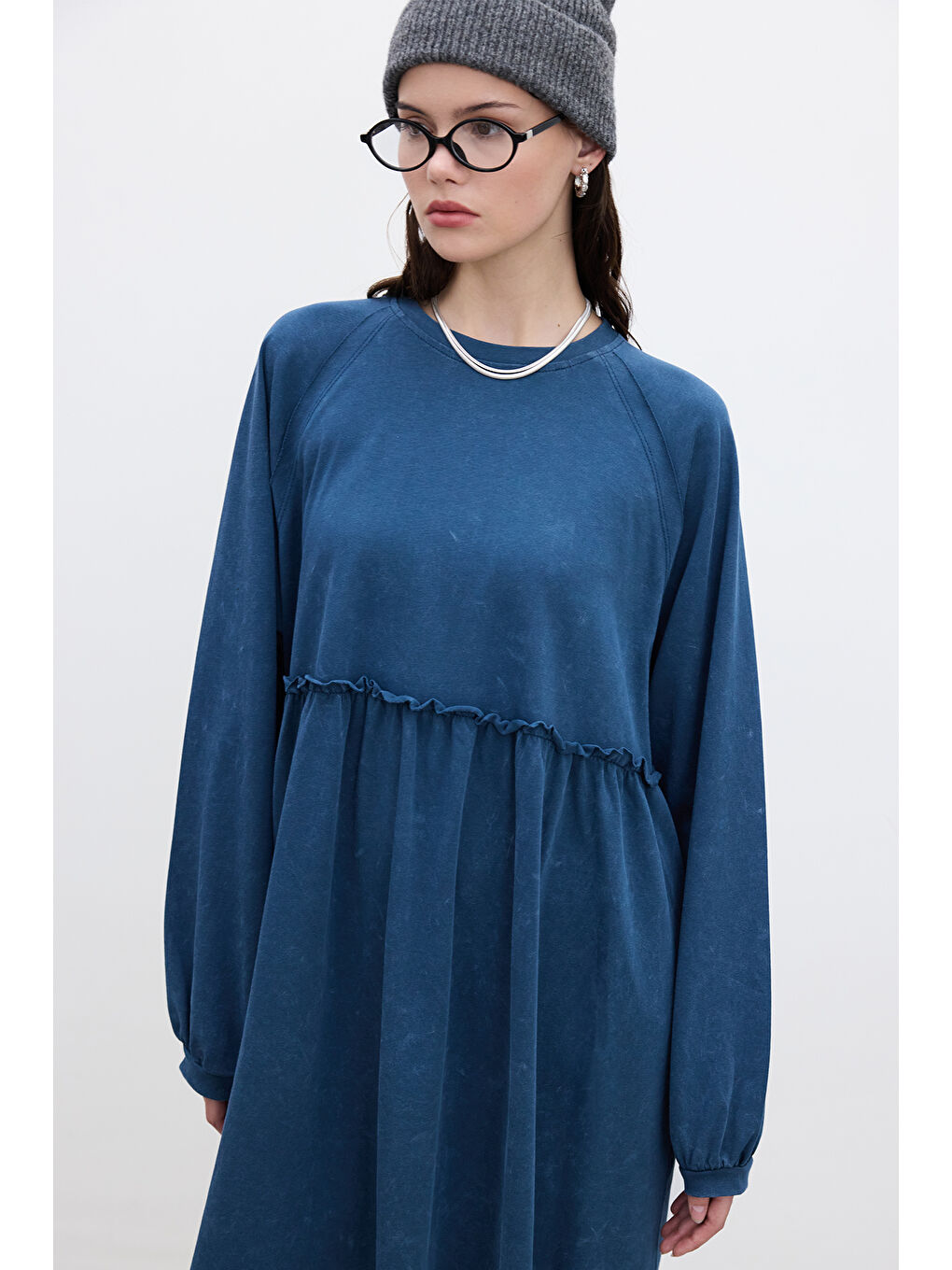 Oversize Büzgülü Elbise İndigo-3