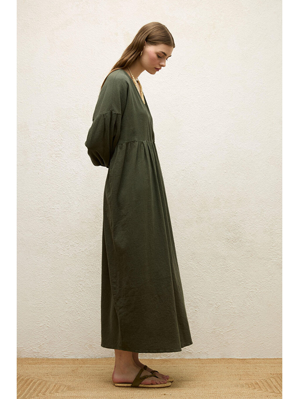 Yeşil Pamuklu Kruvaze Elbise Zümrüt-4