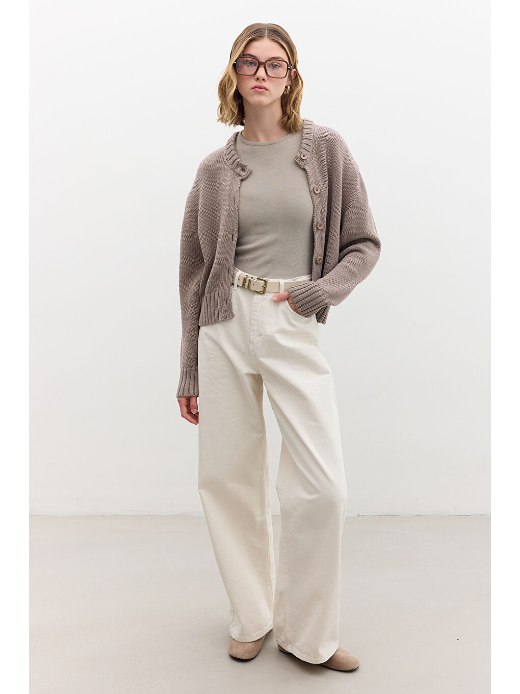 Bej Pamuklu Triko Hırka Vizon-1