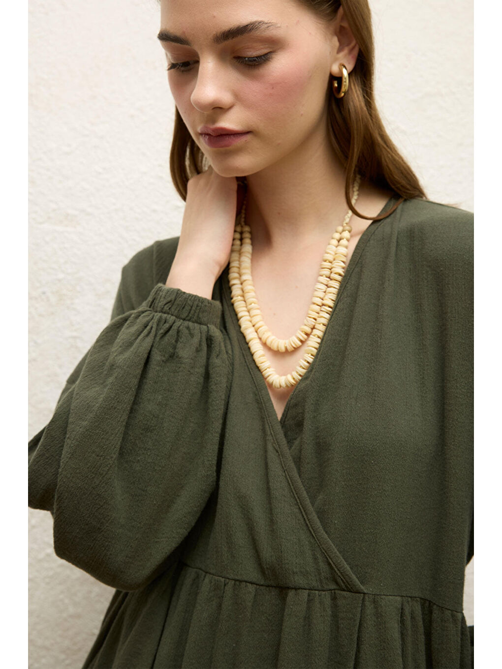 Yeşil Pamuklu Kruvaze Elbise Zümrüt-5