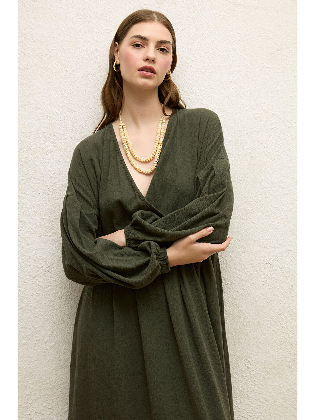 Yeşil Pamuklu Kruvaze Elbise Zümrüt-6