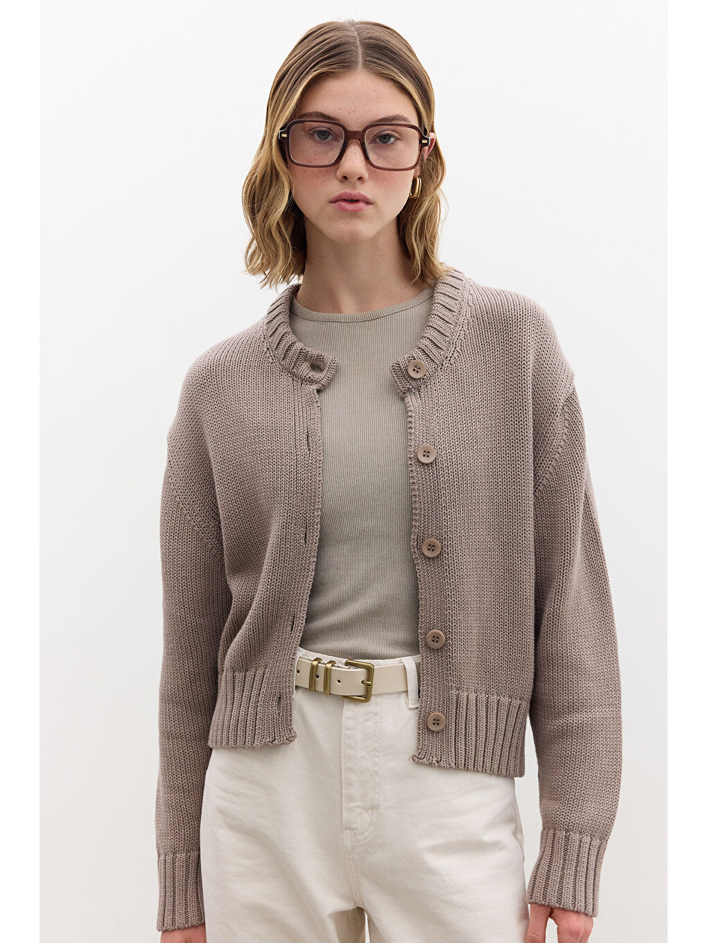 Bej Pamuklu Triko Hırka Vizon-2