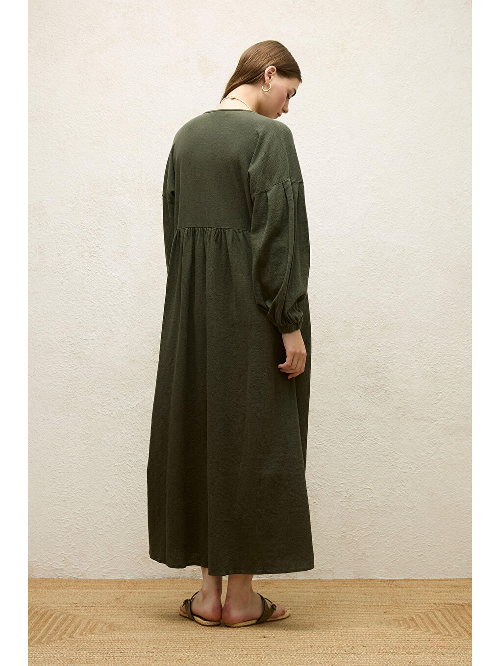 Yeşil Pamuklu Kruvaze Elbise Zümrüt-7